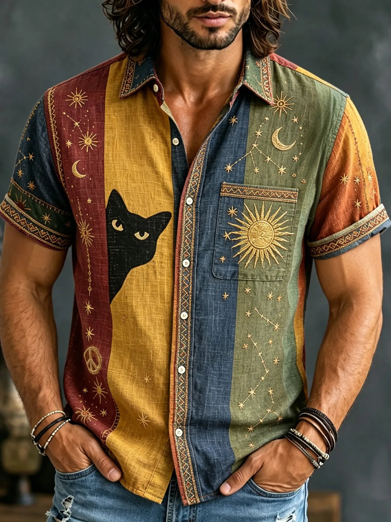 Men's Hippie Hidden Black Cat With Star Sun Moon Pattern Short Sleeve Shirt