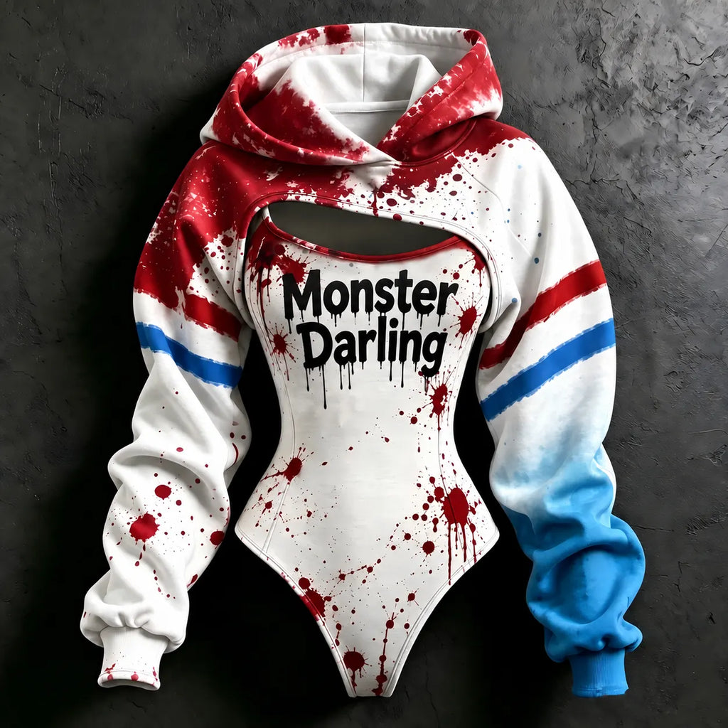 Women's Halloween Bloody Monster Darling Slogan Print Hoodie Two-piece Set