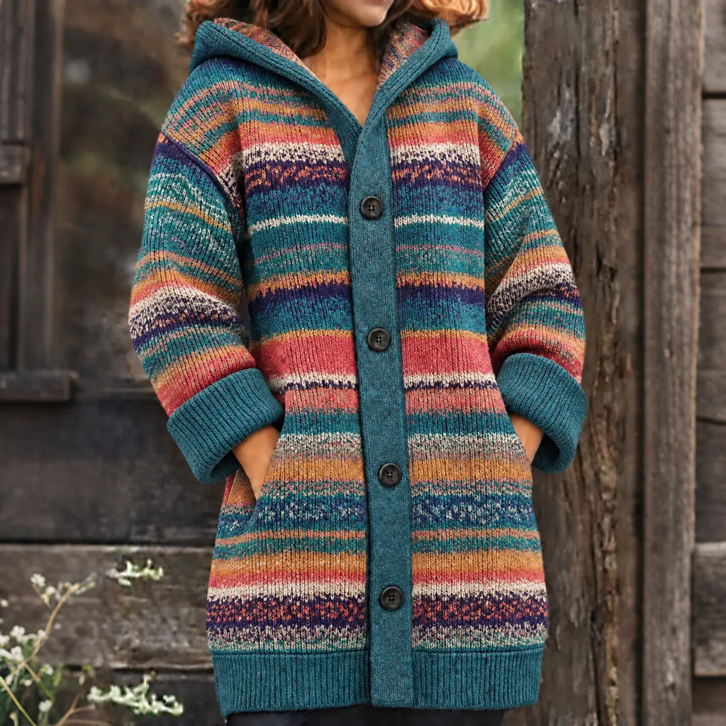 Women's Retro Abstract Striped Art Warmth Knit Hooded Cardigan