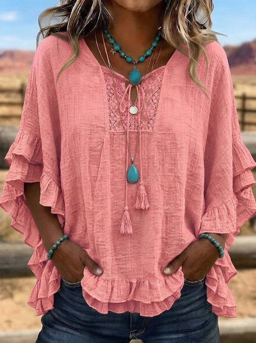 Women's Western Vintage Ruffle Lace-Trimmed Printed Top