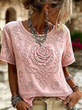 Women's Casual Retro Short-Sleeve Top with Floral Breast Cancer Awareness Print