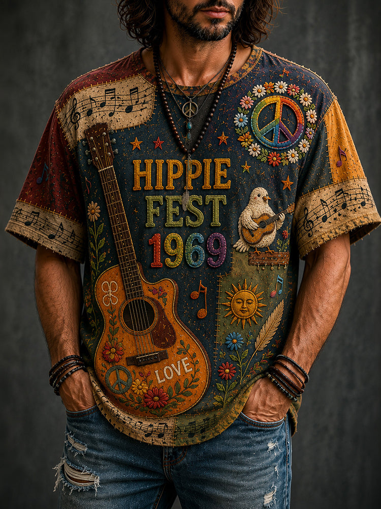 Men's Hippie Music With Pigeons Playing Guitar Patchwork Pattern Print T-shirt