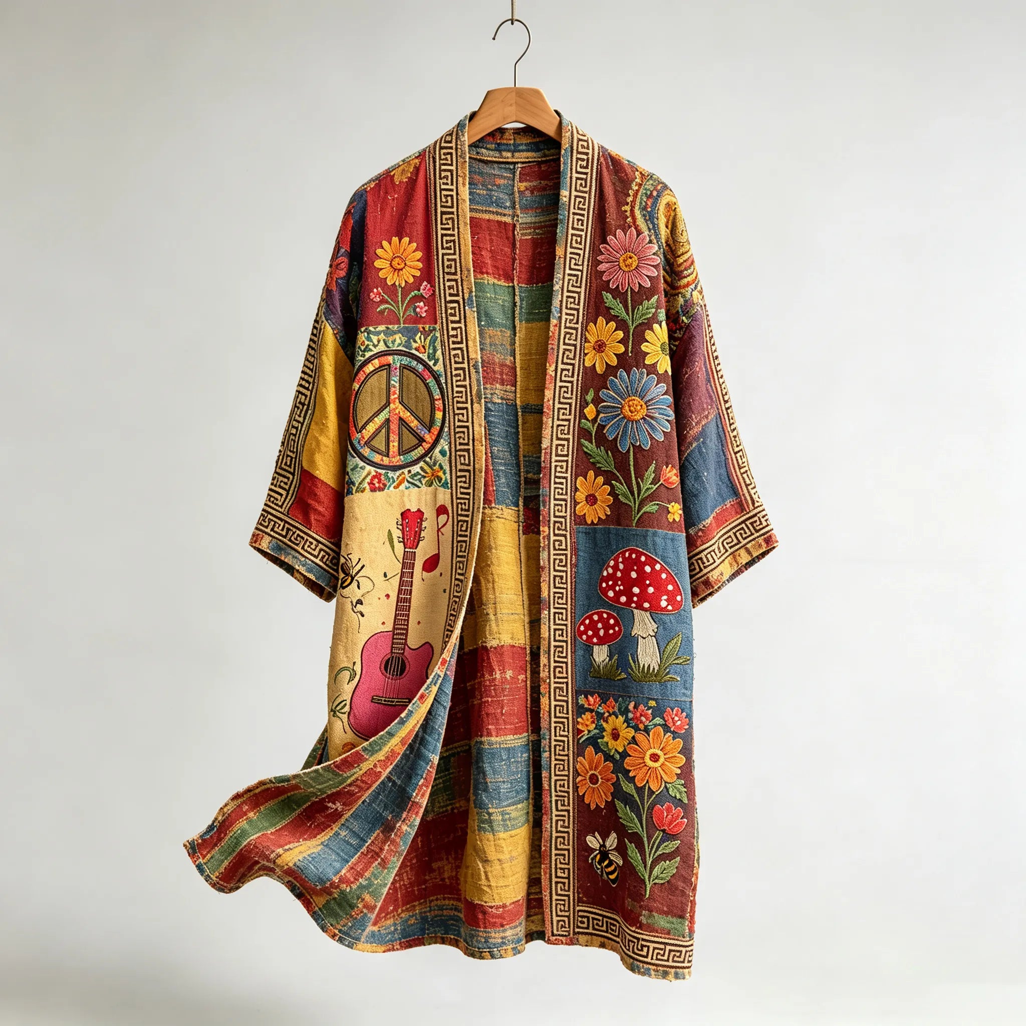 Men's Retro Hippie Peace Music Art Pattern Casual Long Cardigan