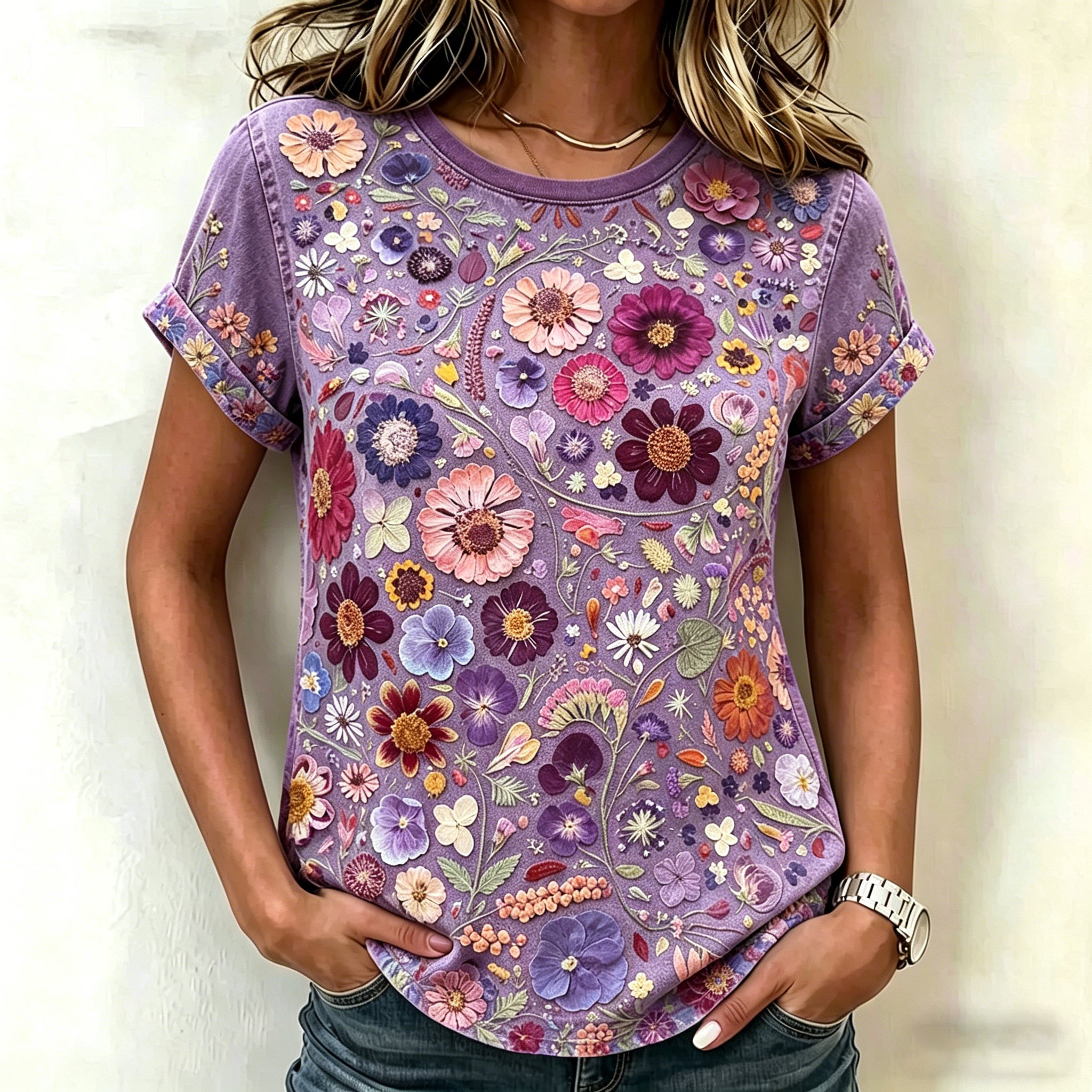 Vintage Pansy Wildflower Embroidery Art Washed T Shirt