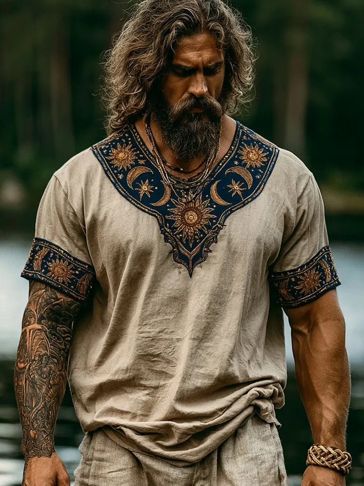Men's Retro Ethnic Sun And Moon Print Cotton Linen Short-sleeve T-shirt