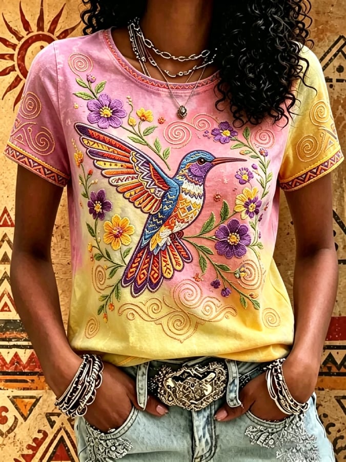 Women's Breast Cancer Awareness Short-Sleeve T-Shirt with Hummingbird Print
