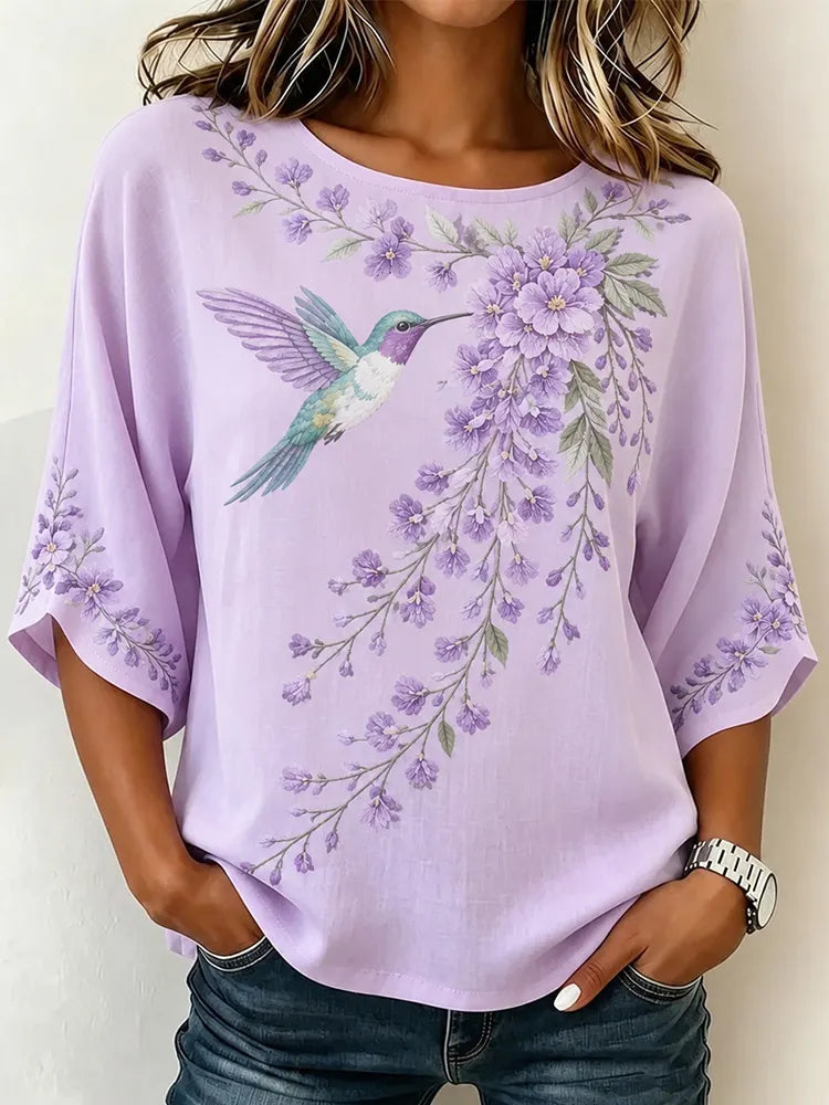 Women's Retro Purple Floral And Bird Pattern Casual Top