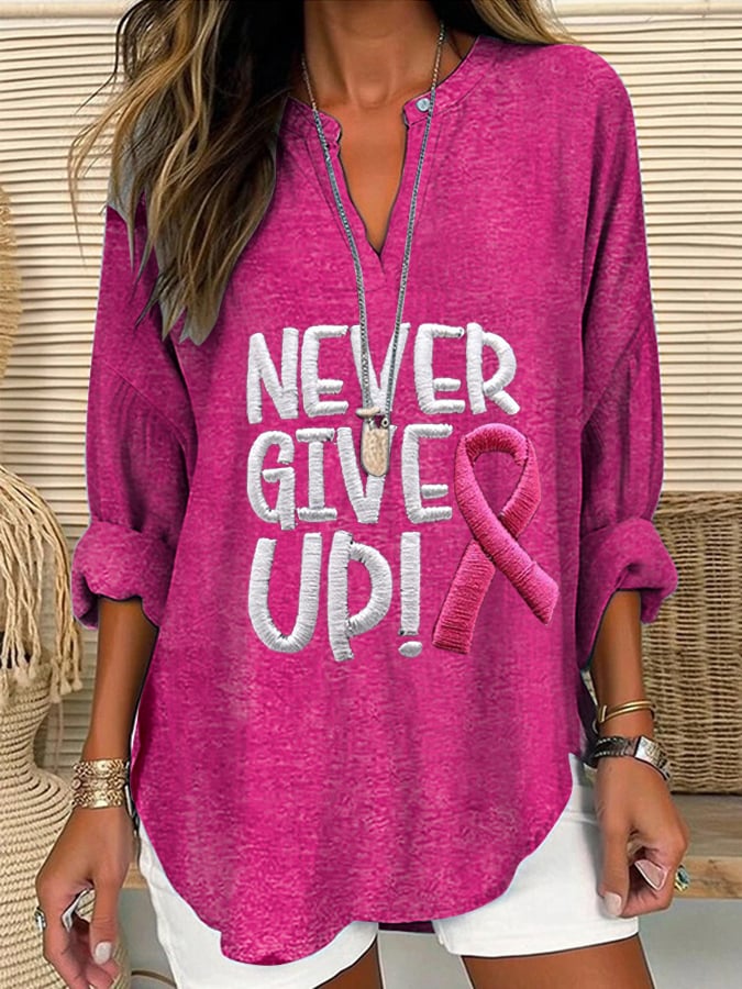 Women's Never Give Up Pink Ribbon Breast Cancer Awareness Print Casual Linen Blouse