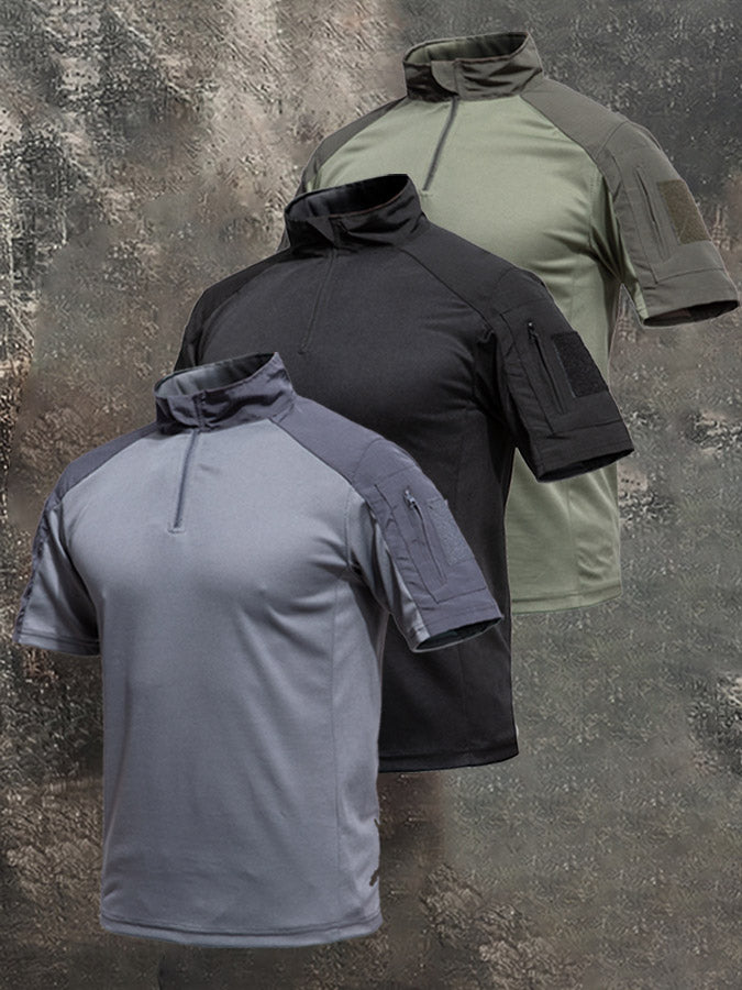 Men's Breathable Military-Style Short-Sleeve Shirt with Stand Collar and Zipper