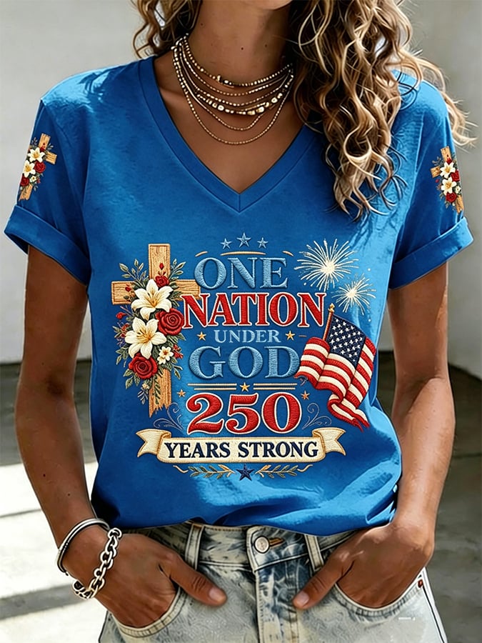 Women's America 250 Years Strong One Nation Under God Print Casual T-shirt