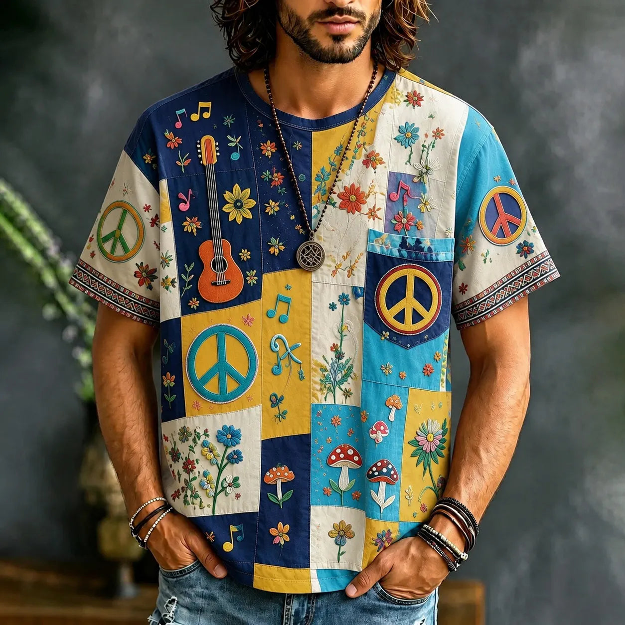 Men's Peace Sign And Guitar Hippie Patchwork Print Casual T-shirt