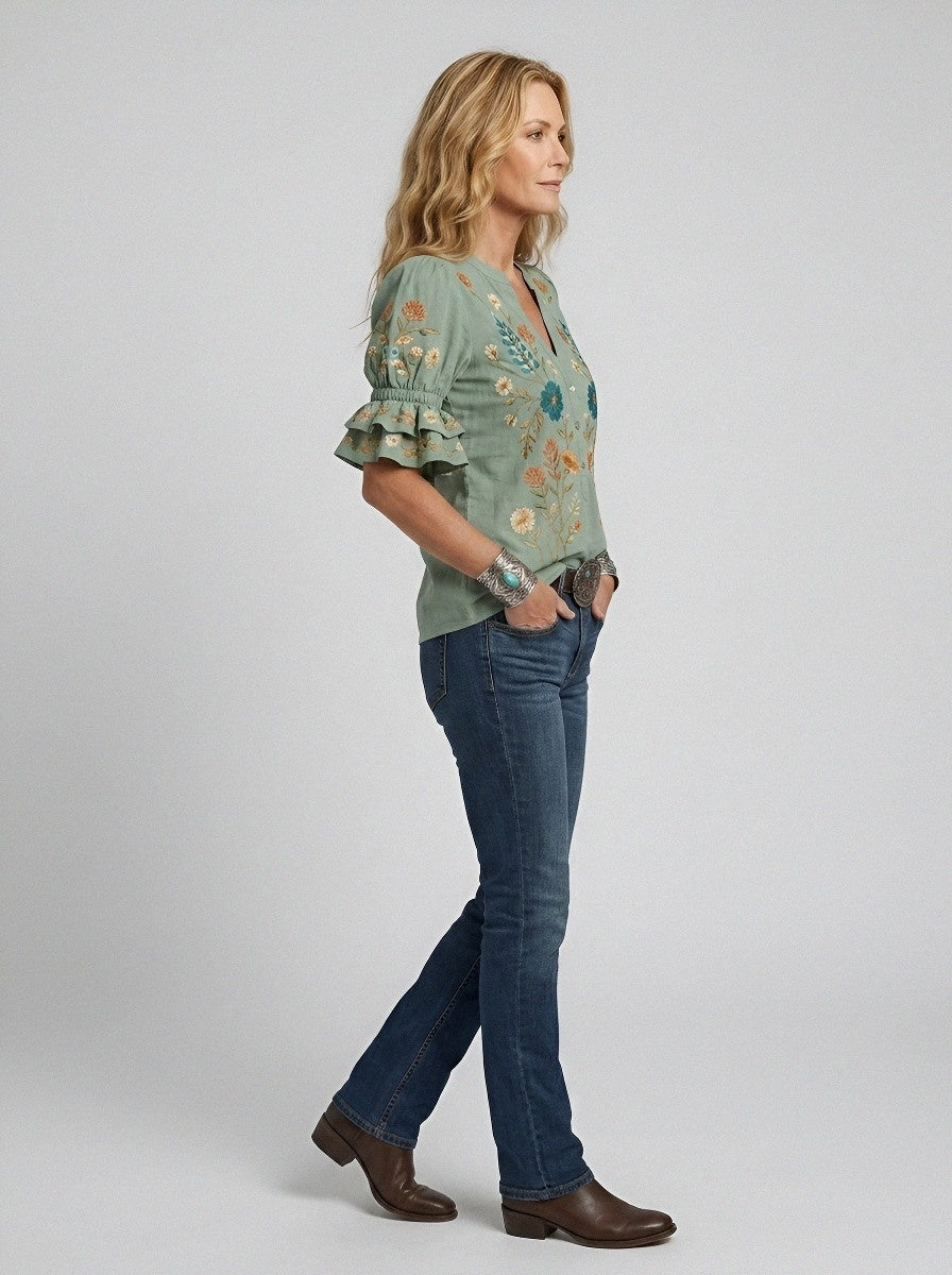 Women's Western Vintage Floral Embroidered Printed Top