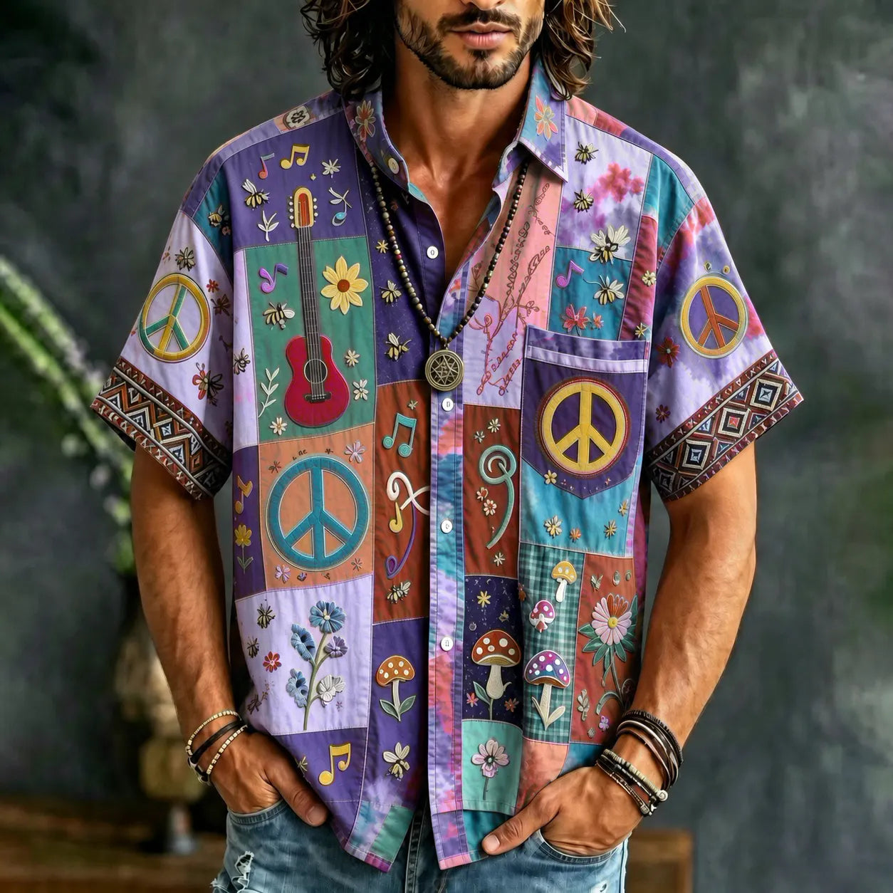 Men's Peace Sign And Guitar Hippie Patchwork Print Casual Shirt