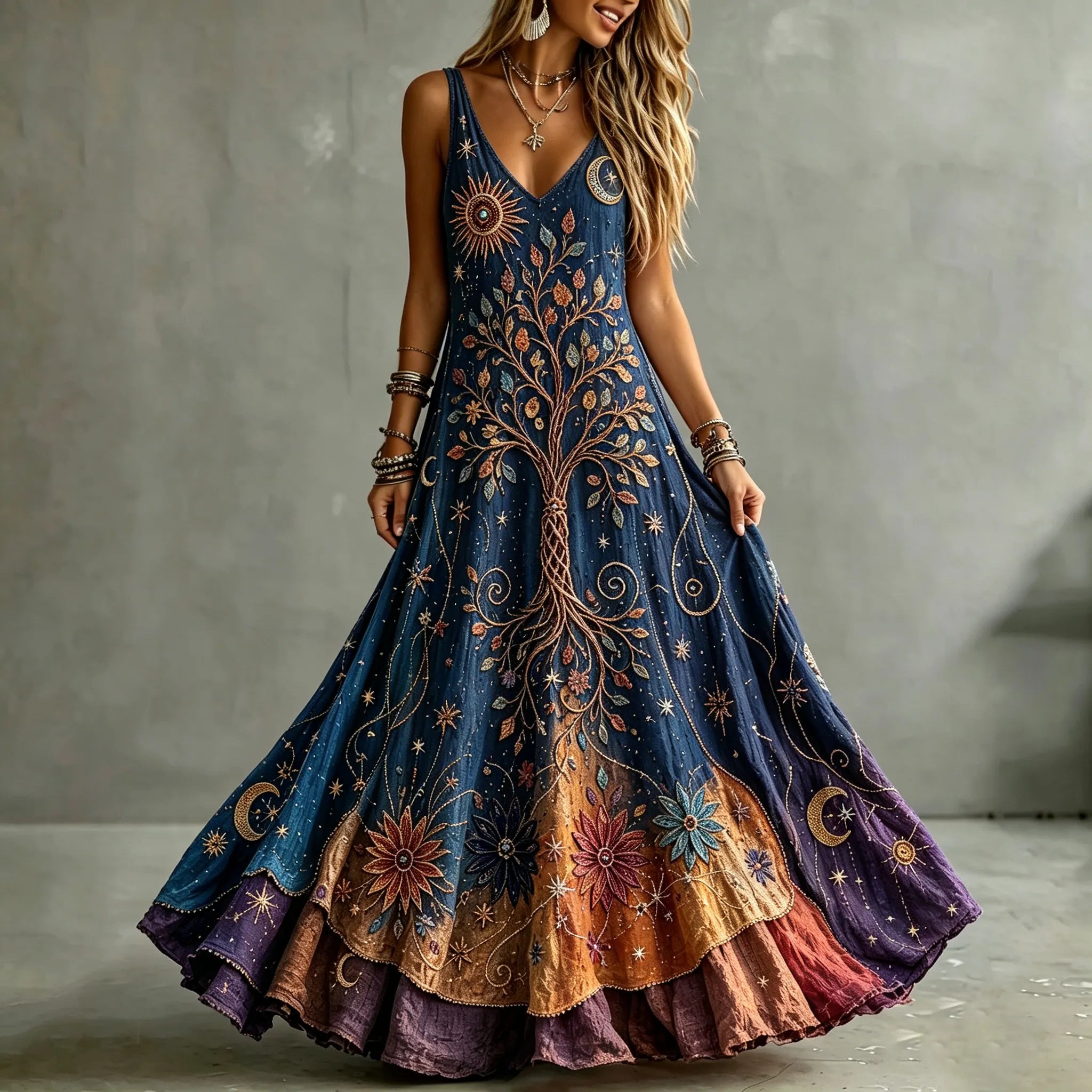Women's Retro Sun Moon With Tree Of Life Color Gradient Art Pattern Tanks Dress