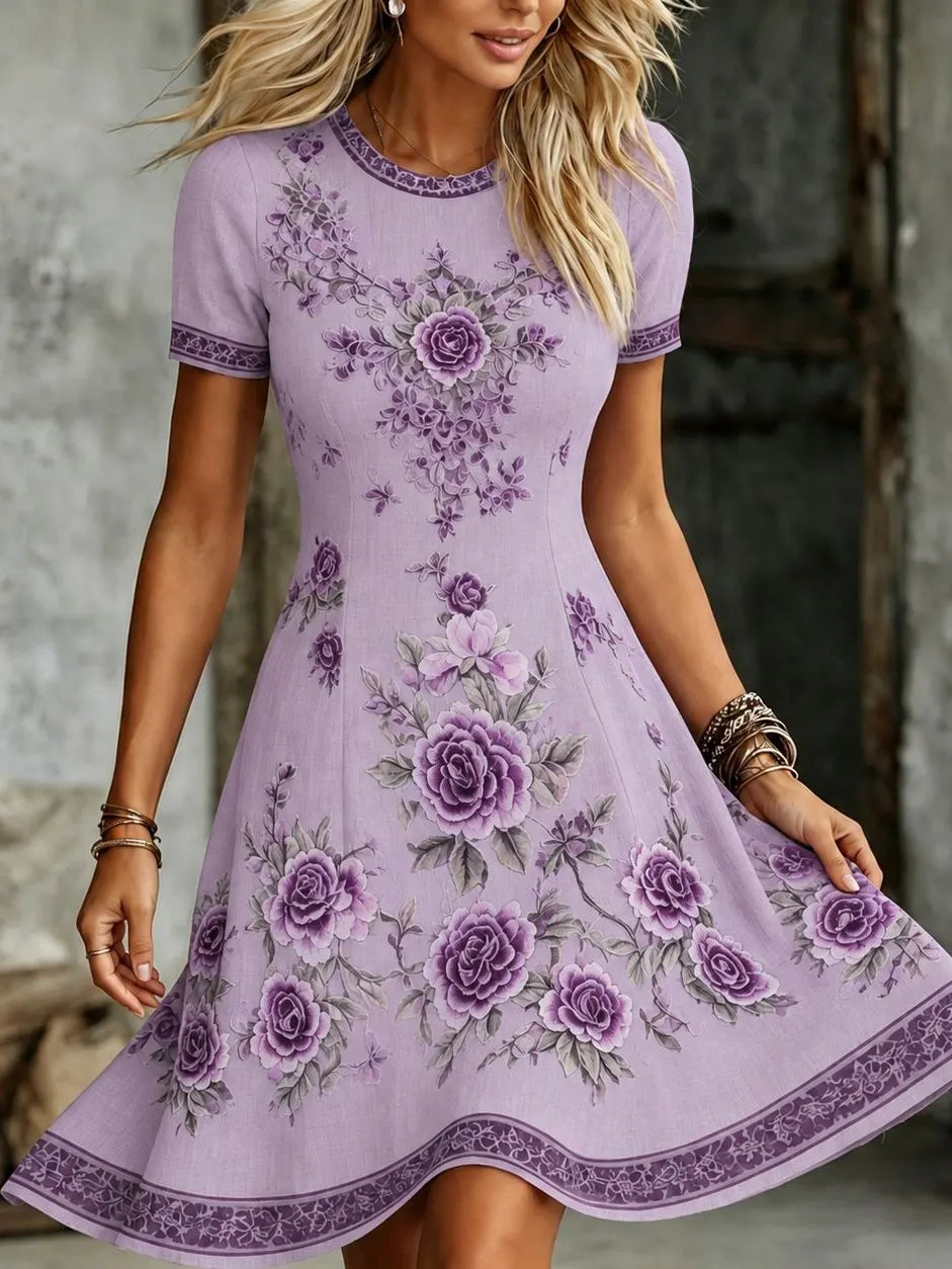 Women's Retro Rose Embroidery Art Round Neck Short Sleeve Mini Dress