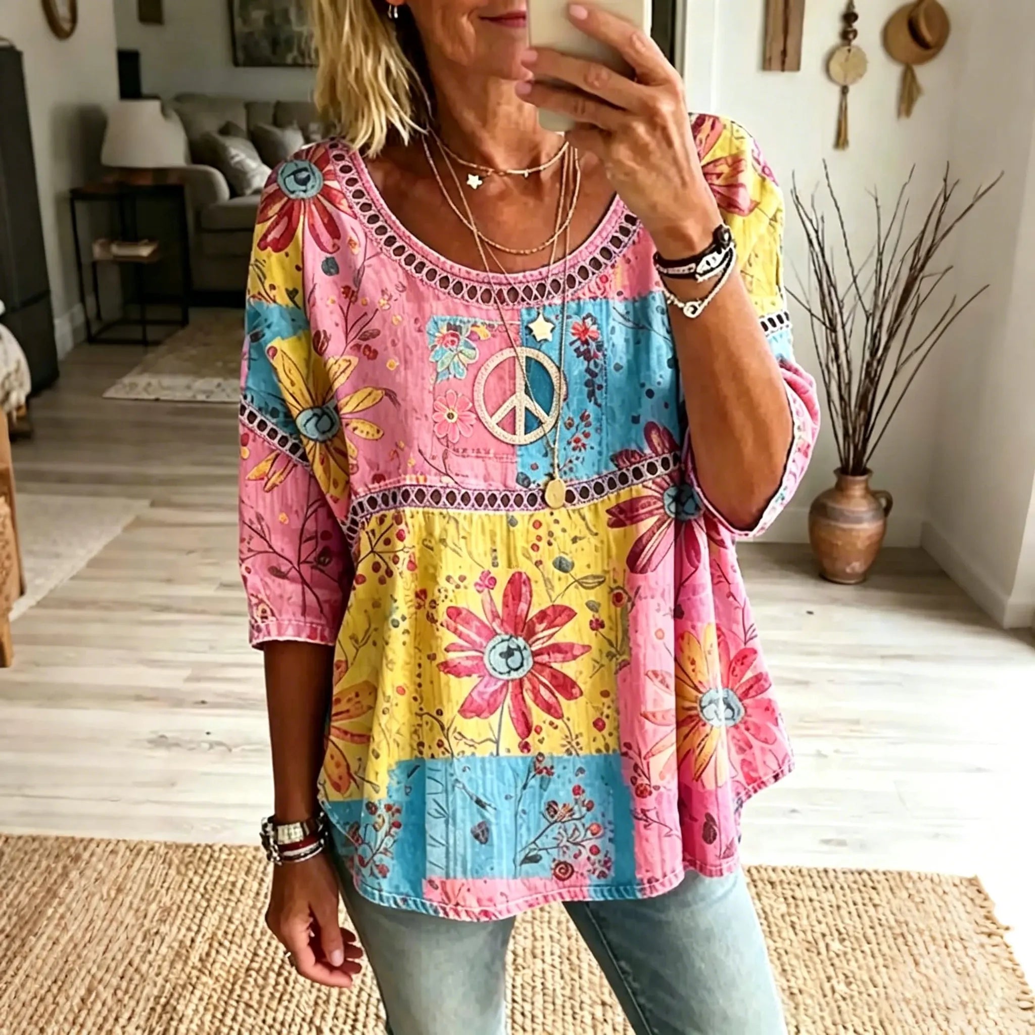 Women's Floral Patchwork Hippie Design Cotton Linen T-shirt