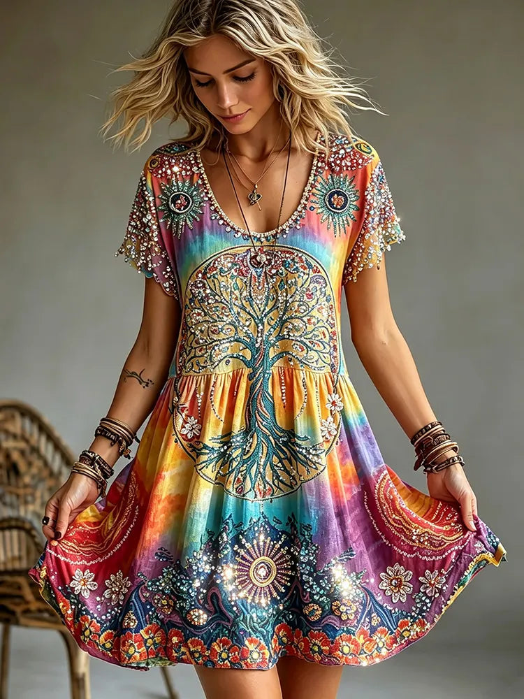 Women's Retro Hippie Tree Of Life Flower Art Pattern Crew Neck Short Sleeve Midi Dress