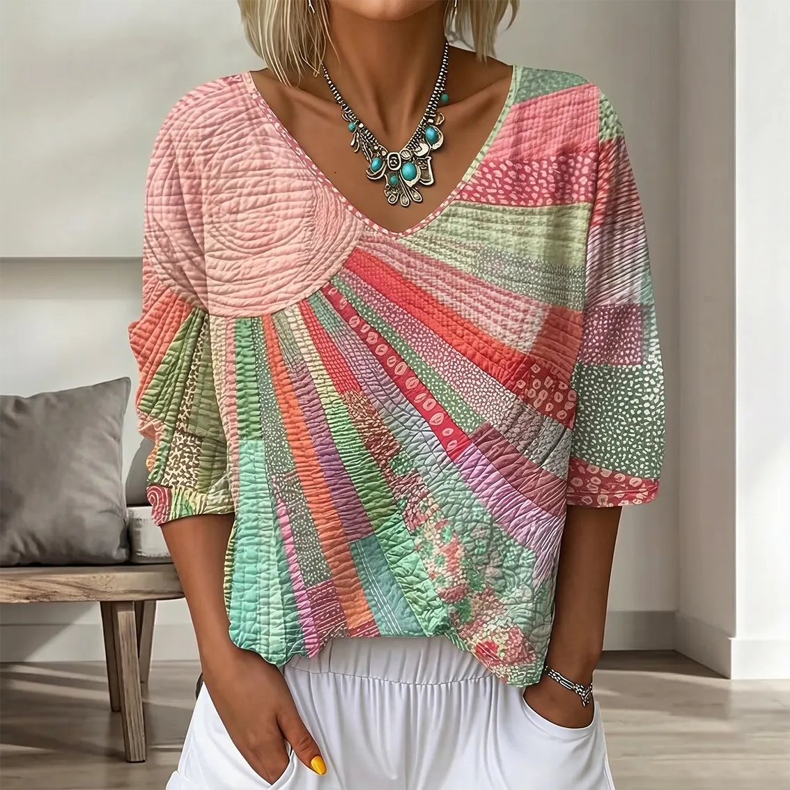 Women's Vintage Floral In Gradient Art Print Flowy Linen Blend  Three-quarter Sleeve V Neck Linen Tops