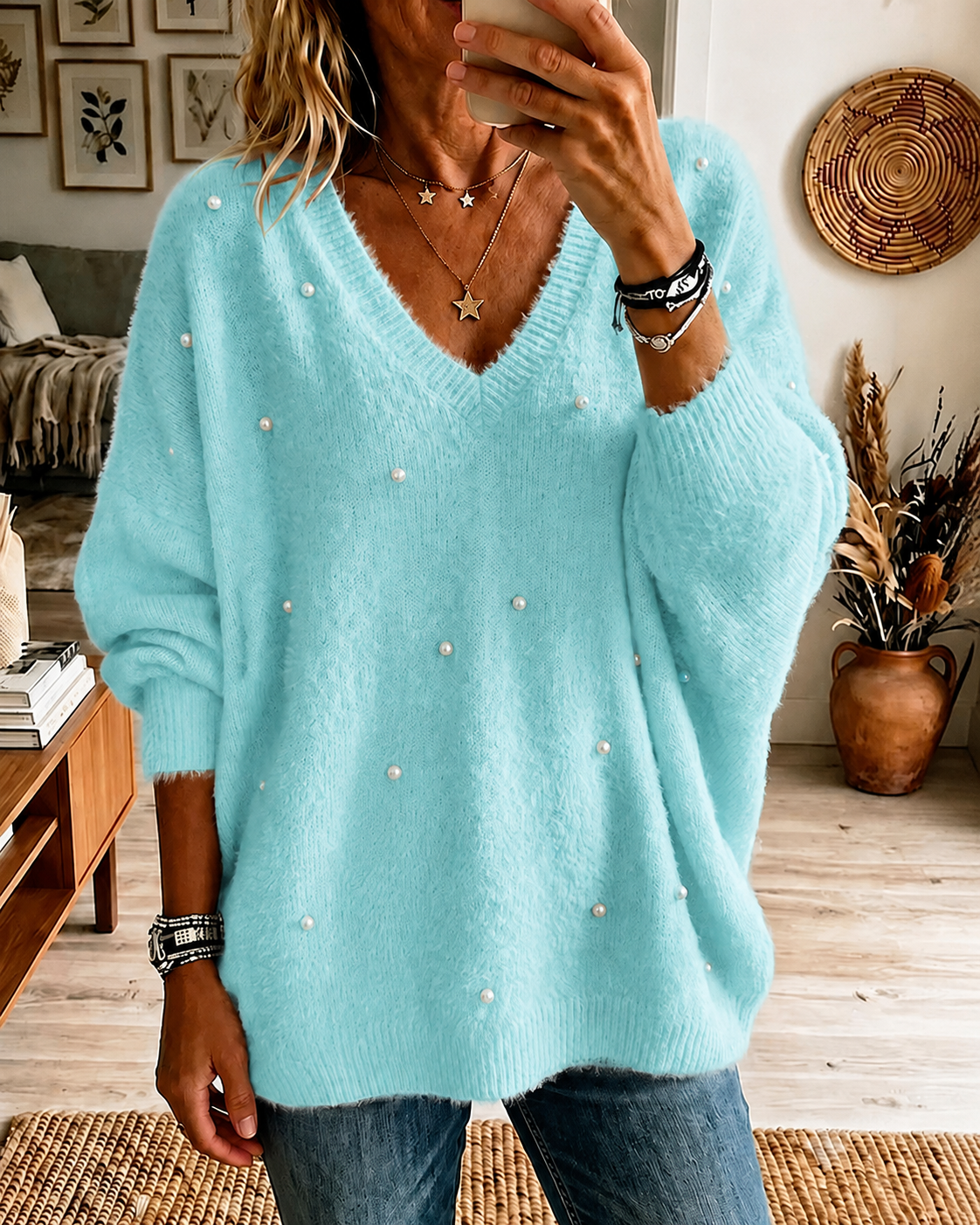 Women'S Solid Color Multi-Color Nail Bead Pullover Sweater Top