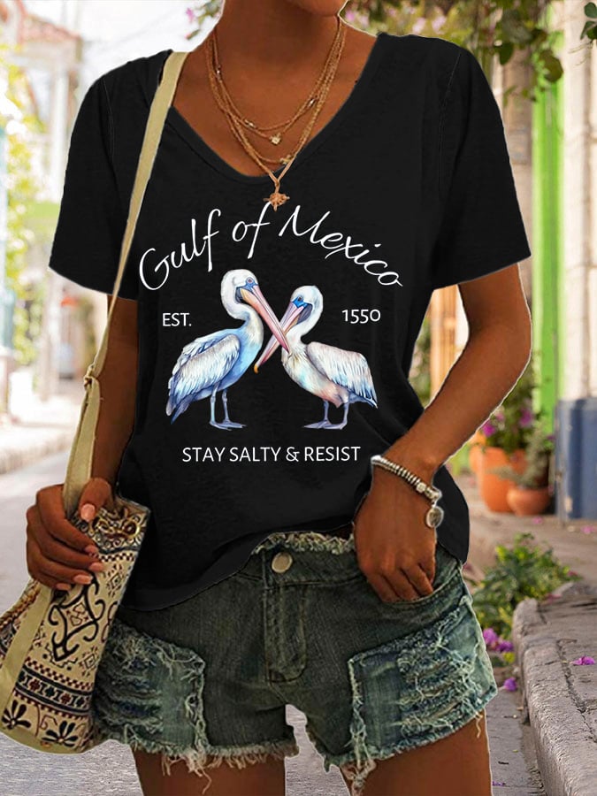 Women's Gulf Of Mexico Print V Neck Casual T-Shirt