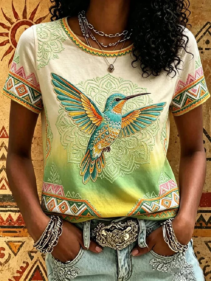 Women's Breast Cancer Awareness Short-Sleeve T-Shirt with Hummingbird Print