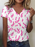 Women's Breast Cancer Pink Ribbon Print V Neck T-Shirt