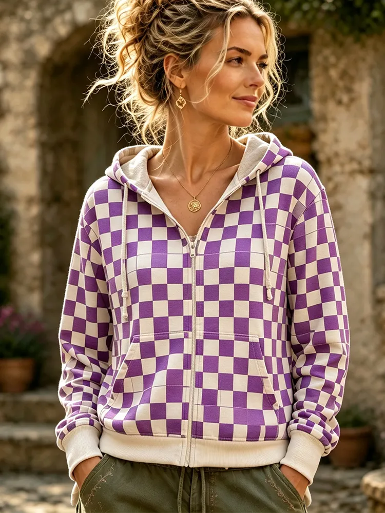 Women's Casual Zip-up Hoodie - Purple And White Checkered Checkerboard Print Outerwear