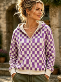 Women's Casual Zip-up Hoodie - Purple And White Checkered Checkerboard Print Outerwear