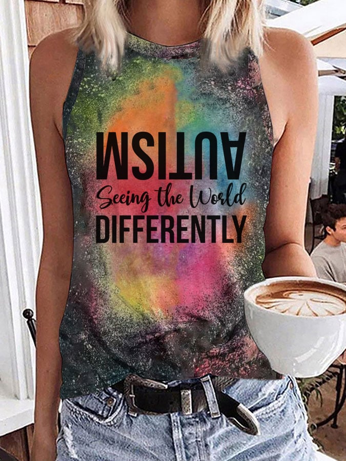 Women's Autism Seeing The World Differently Print Sleeveless Halter T-Shirt