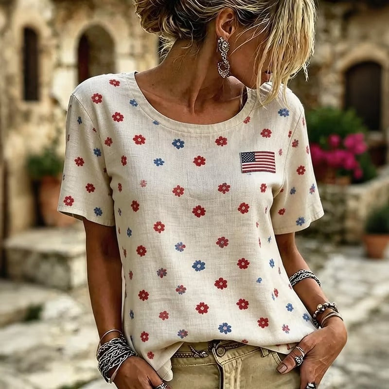Women's Casual And Minimalist American 250Th Anniversary Cotton And Linen T-Shirt