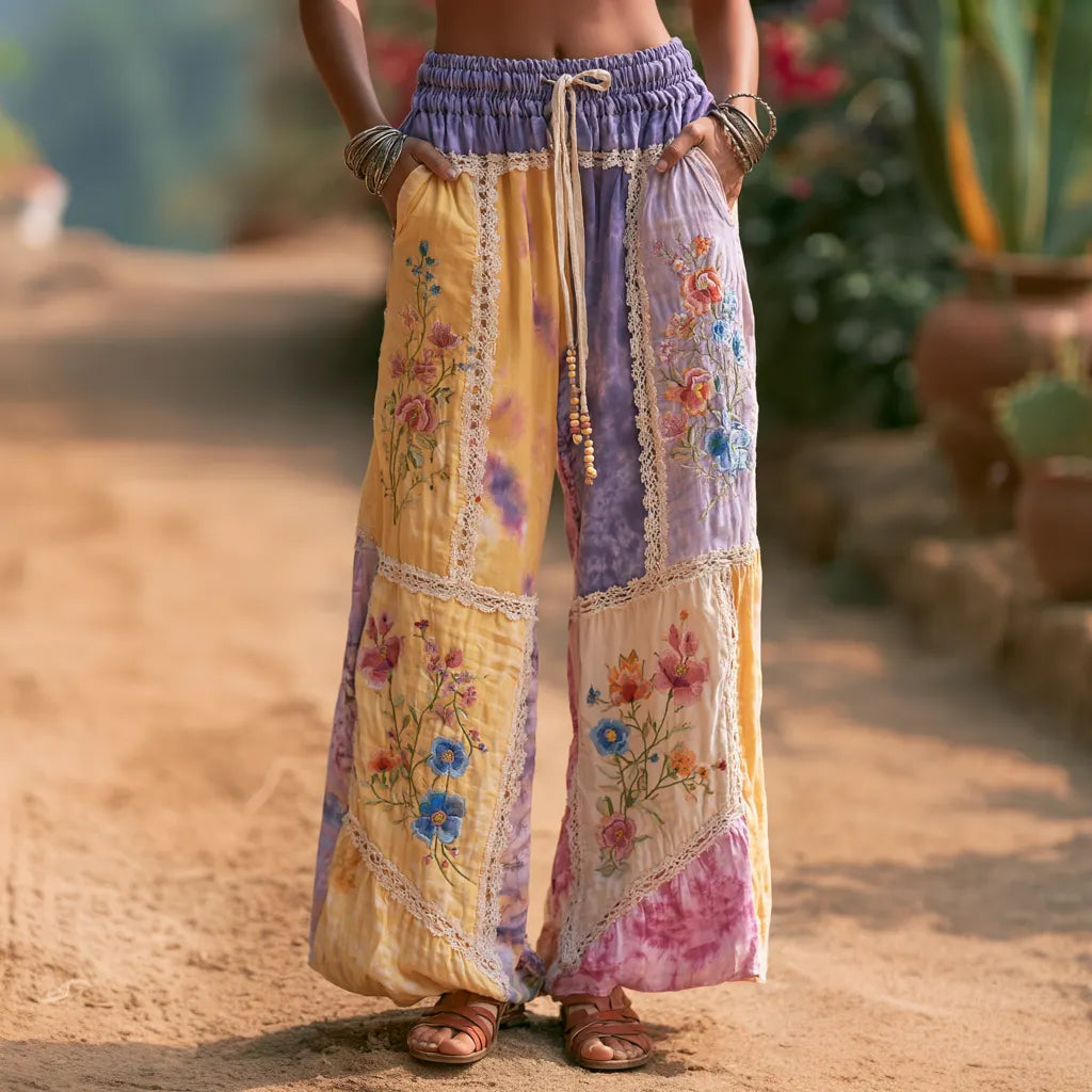 Women's Bohemian-style Tie-dye Wide-leg Pants, Adorned With Patchwork Details And Floral Patterns.