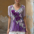 Women's Vintage Rose Embroidered Linen Blend T-shirt