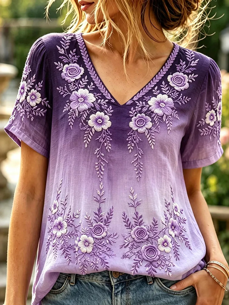 Women's Vintage Floral Art Embroidery Cotton Linen V-neck Short Sleeve Top