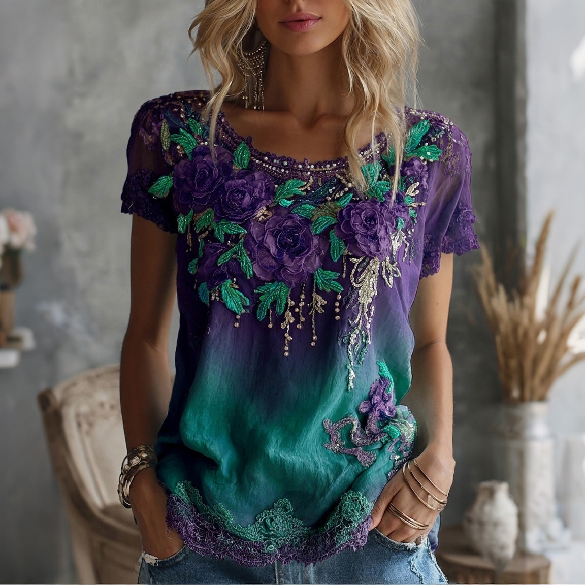 Women's Vintage Celtic Knot Rose Embroidery Casual T-shirt