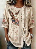 Women's Flag and Floral Print Cotton-Linen Top