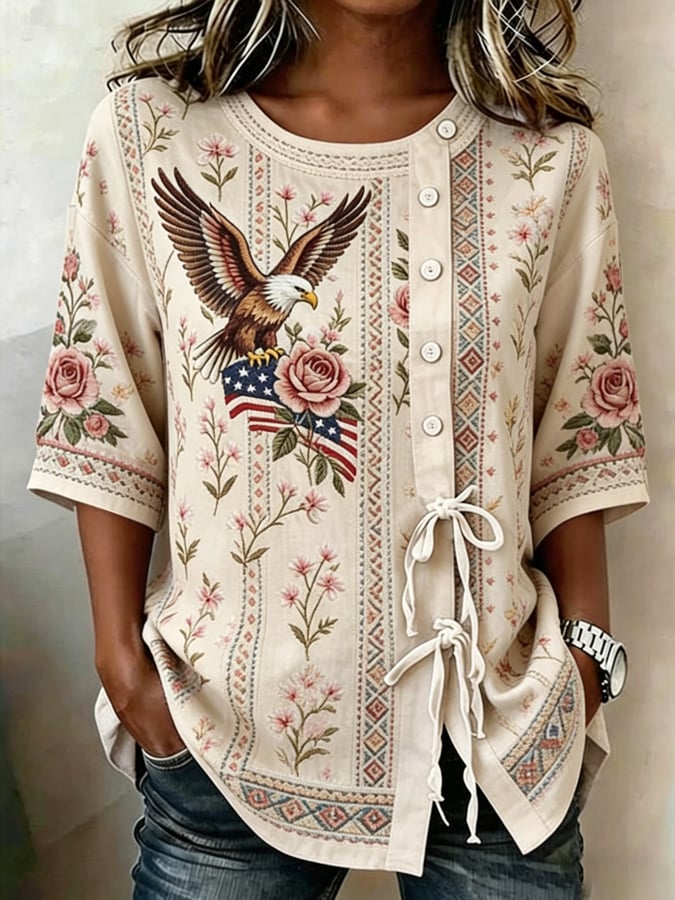 Women's Flag and Floral Print Cotton-Linen Top