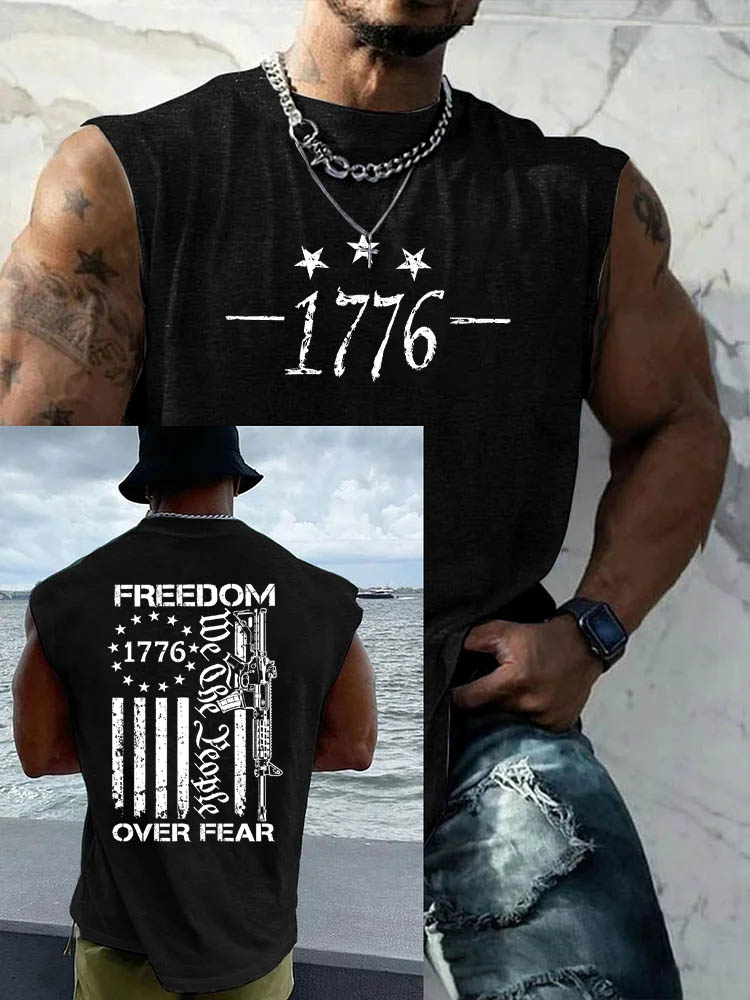 1776 Freedom Over Fear Pattern Round Neck 100% Cotton Tank Top