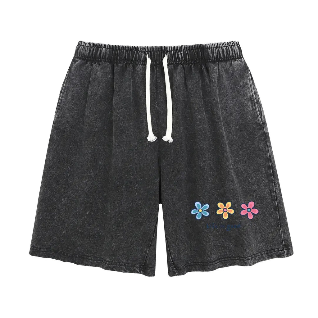 Unisex Flower Print Casual Shorts Acid Wash Soft Comfortable Cotton Blend Bottoms