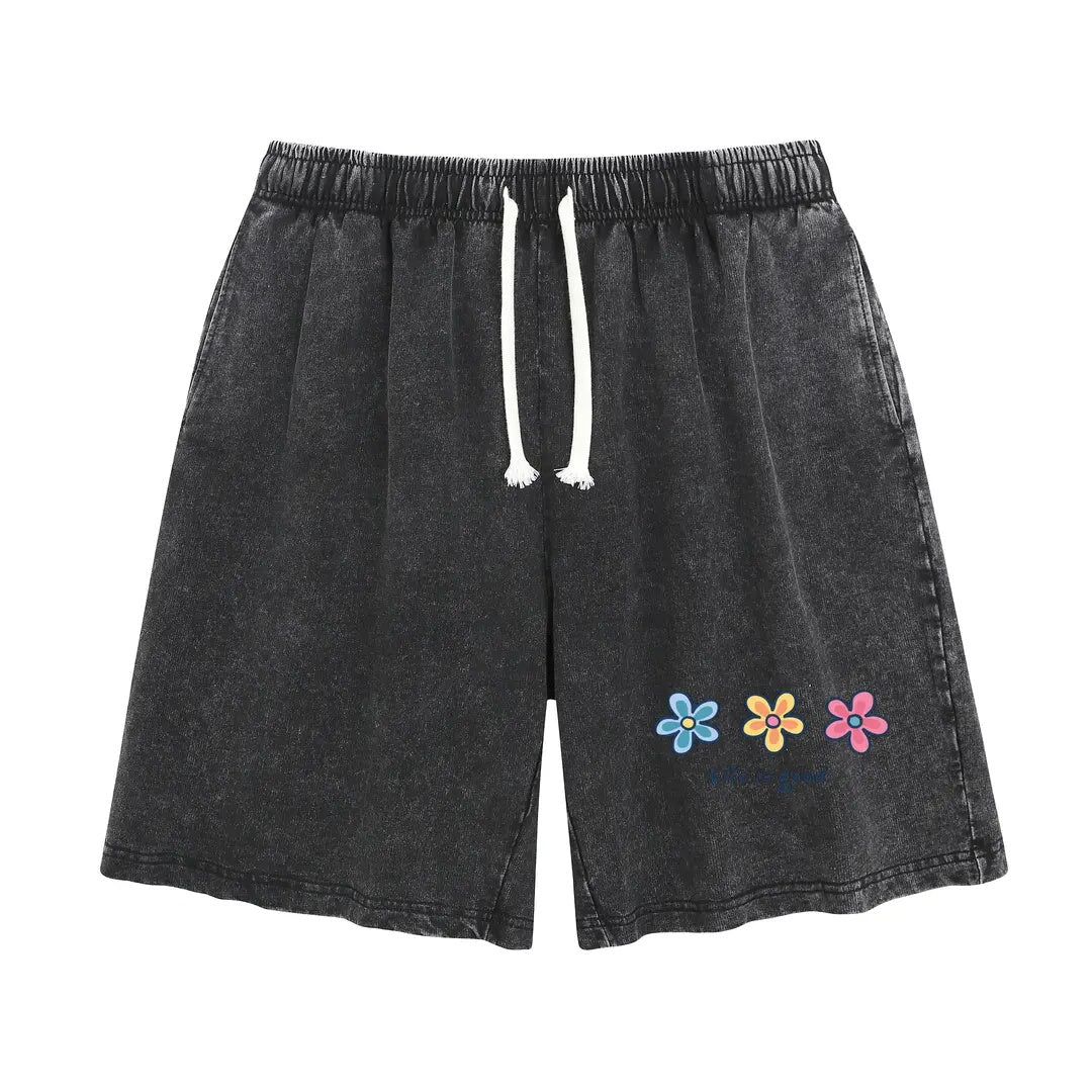 Unisex Flower Print Casual Shorts Acid Wash Soft Comfortable Cotton Blend Bottoms