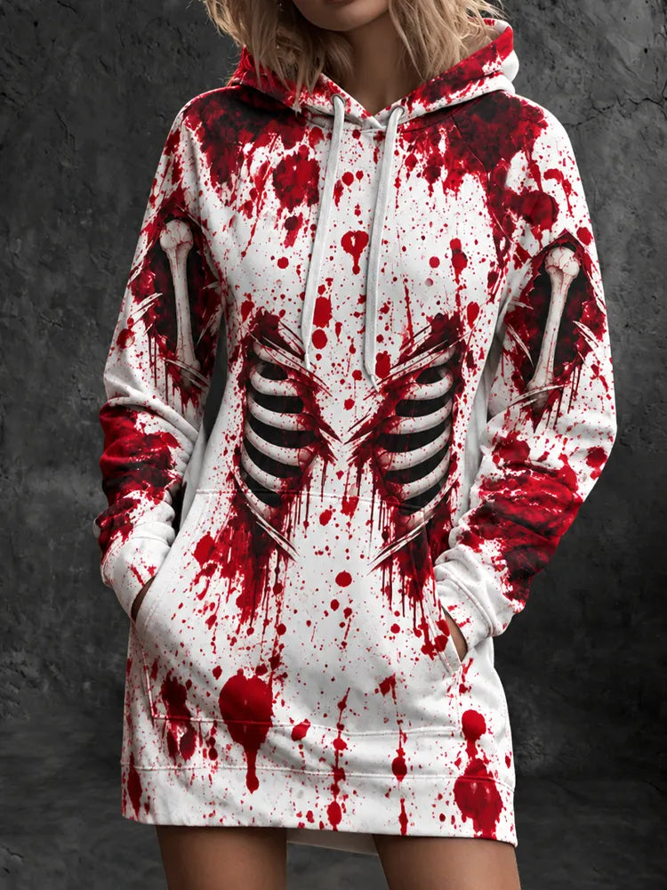 Women's Halloween Gothic Bloodstain Skeleton Mid-length Hoodie