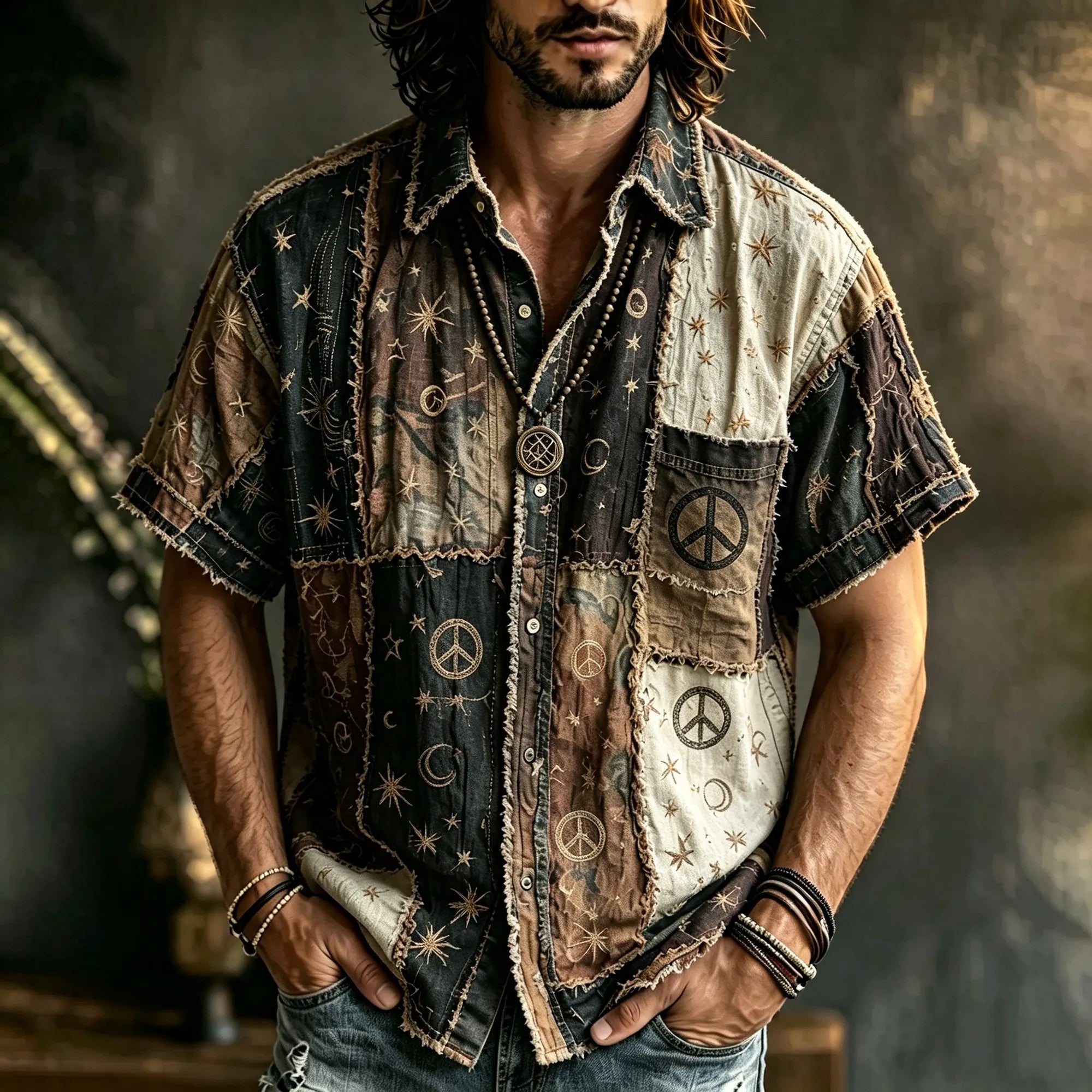 Men's Vintage Hippie Multicolor Patchwork Linen Blend Short Sleeve Shirt