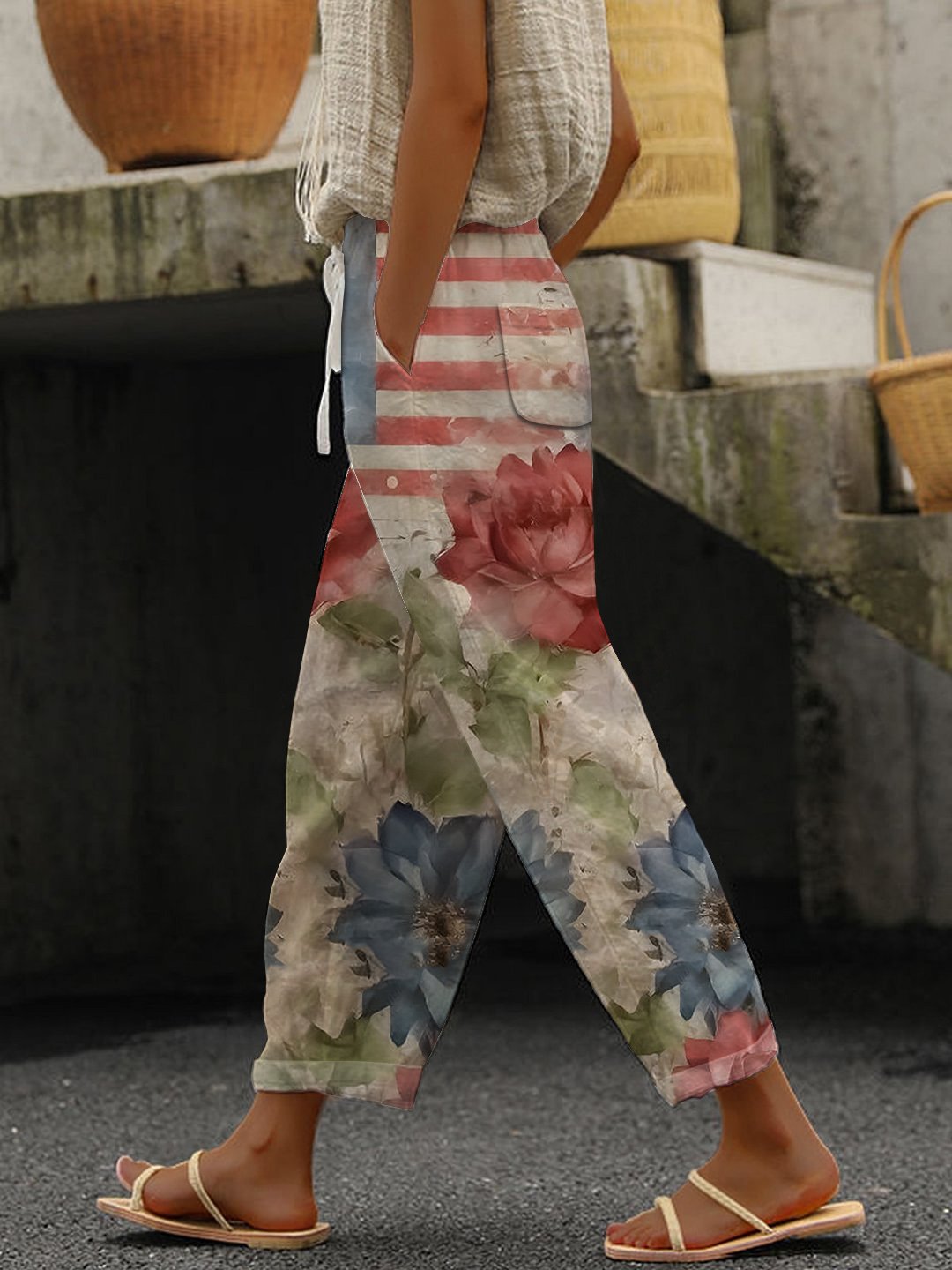 Women's Independence Day Printed Cotton and Linen Pants(With Pockets)