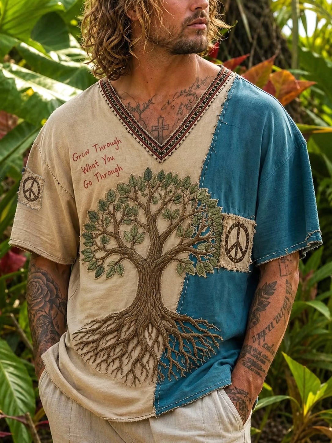 Men's Hippie Grow Through What You Go Through Life Of Tree With Peace Slogan Color-block T-shirt
