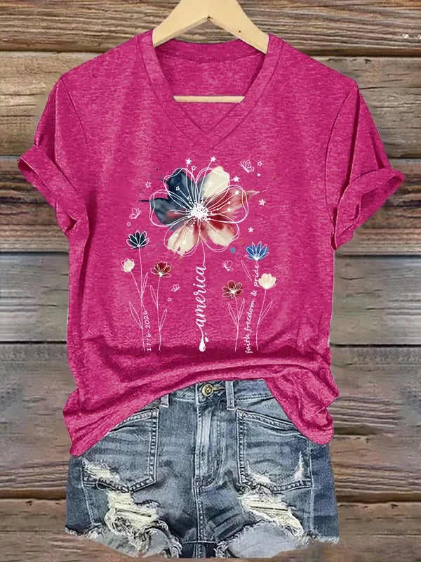 America1776-2026 Faith Freedom Pride Pattern Print V Neck Casual T-Shirt
