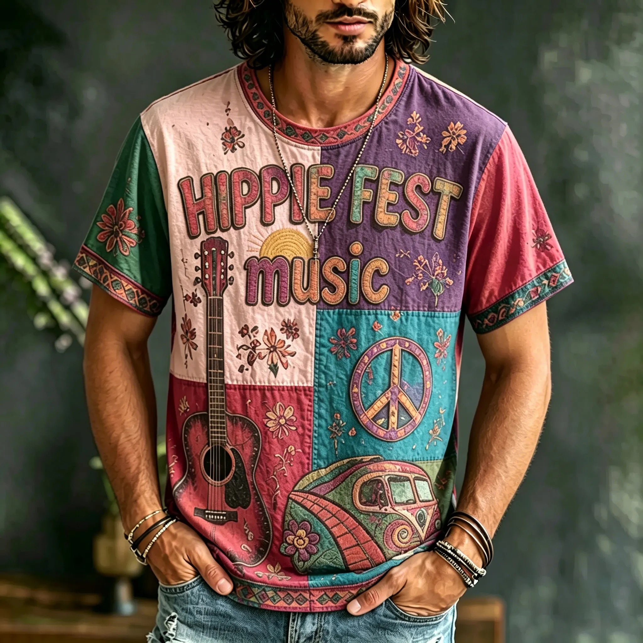 Men's Casual Color Block Music Letter Retro Hippie Crew Neck T-shirt
