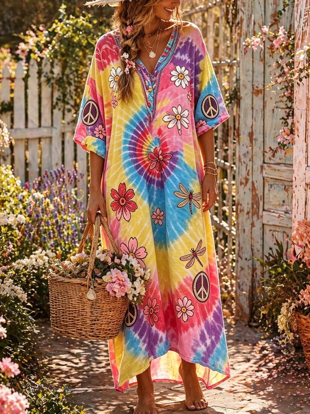 Women's Hippie Tie-dye Floral Patchwork Vacation V-neck Cotton Linen Maxi Dress