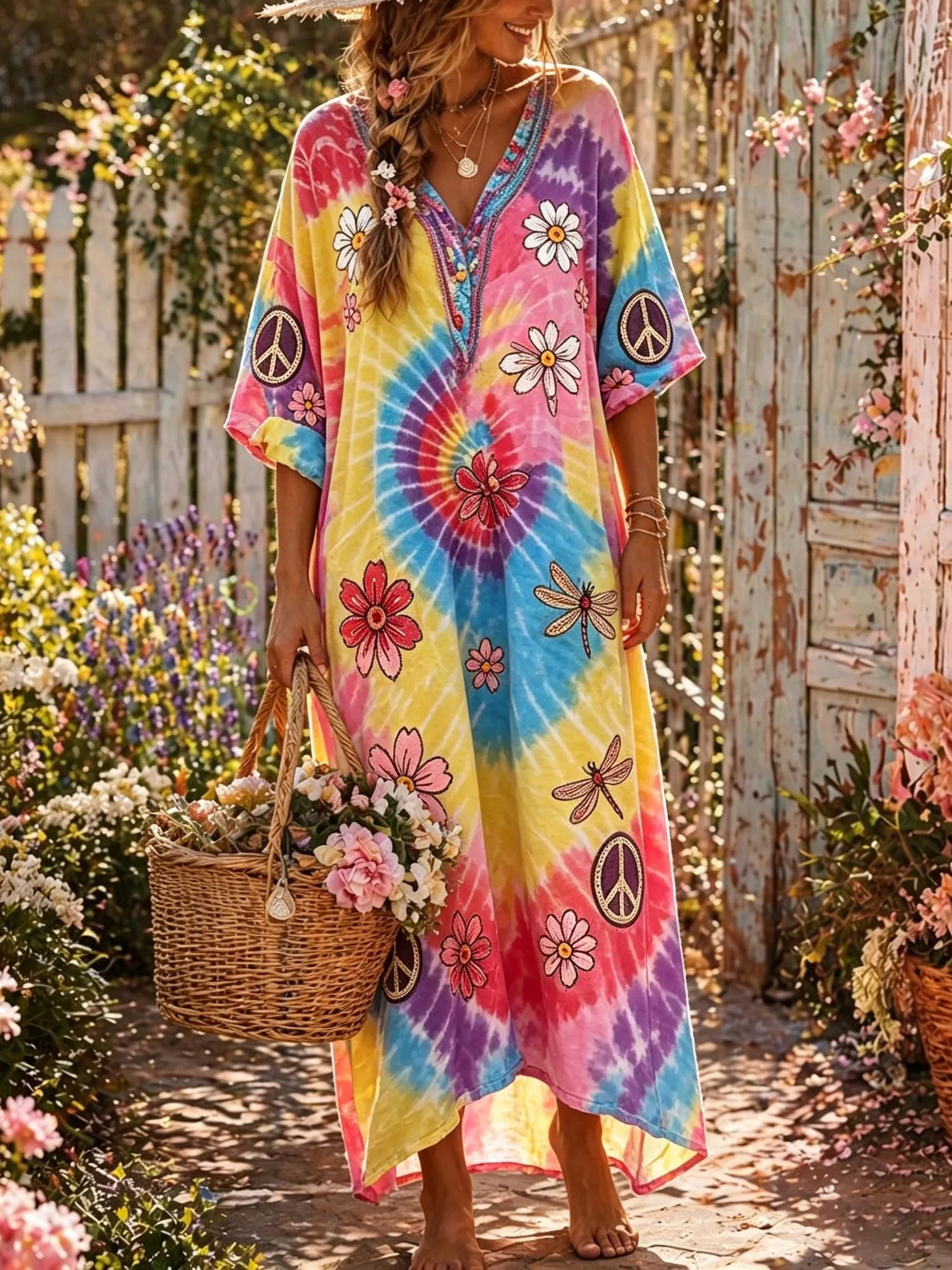 Women's Hippie Tie-dye Floral Patchwork Vacation V-neck Cotton Linen Maxi Dress