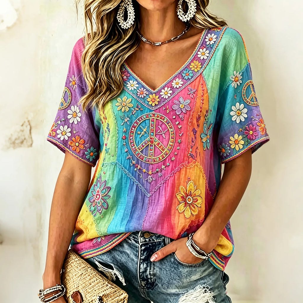 Women's Hippie Floral Peace Sign Contrast Patchwork Print Short Sleeves Linen T-shirt
