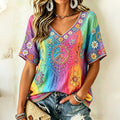 Women's Hippie Floral Peace Sign Contrast Patchwork Print Short Sleeves Linen T-shirt