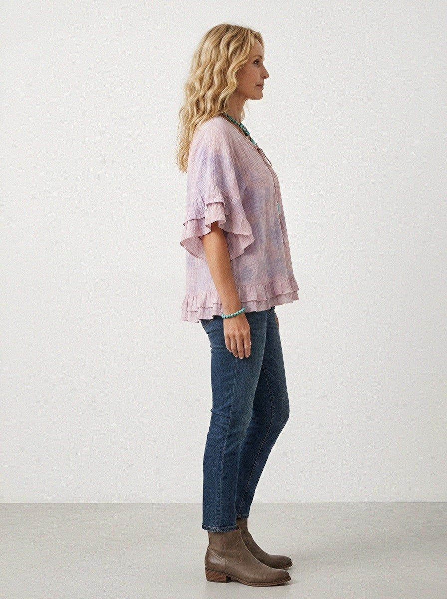Women's Western Vintage Boho Lace Trim Ruffle Sleeve Printed Top